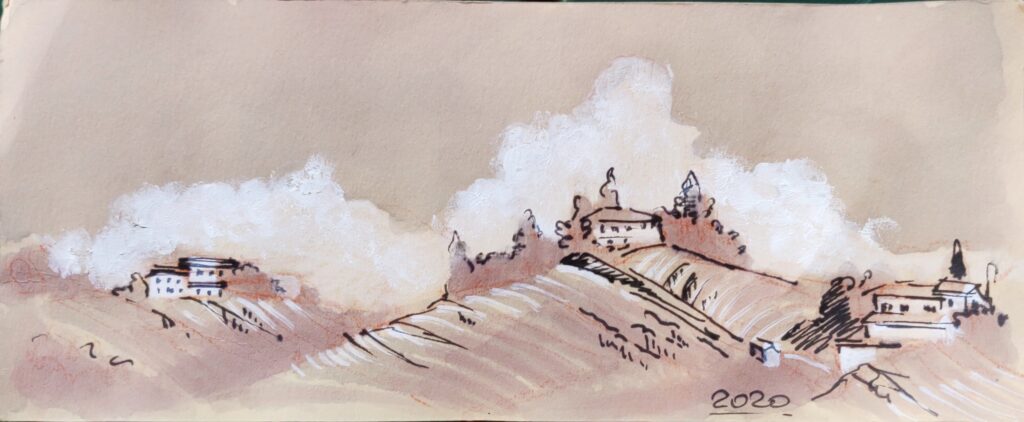 piedmont landscape watercolor with red wines