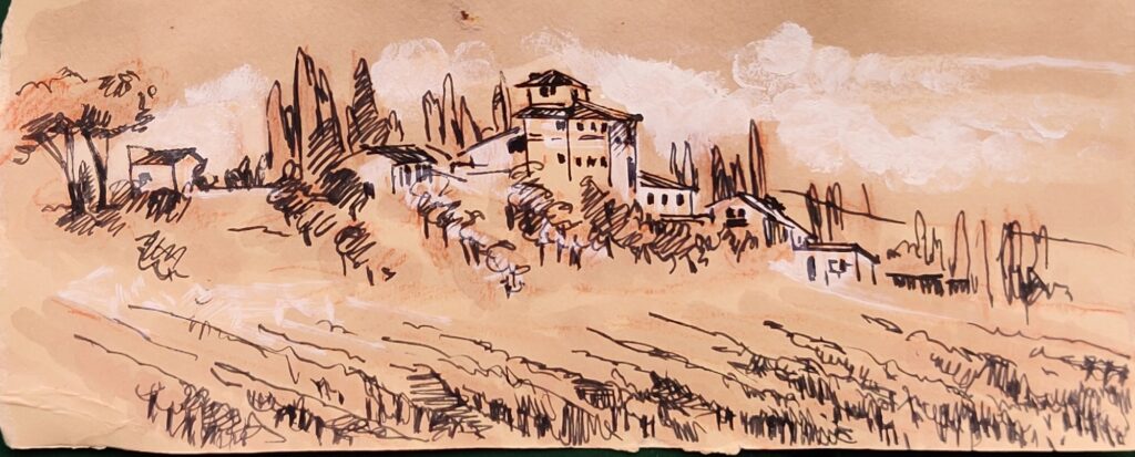 Tuscany landscape watercolor with brunello di montalcino