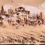 Tuscany landscape watercolor with brunello di montalcino watercolor different wine